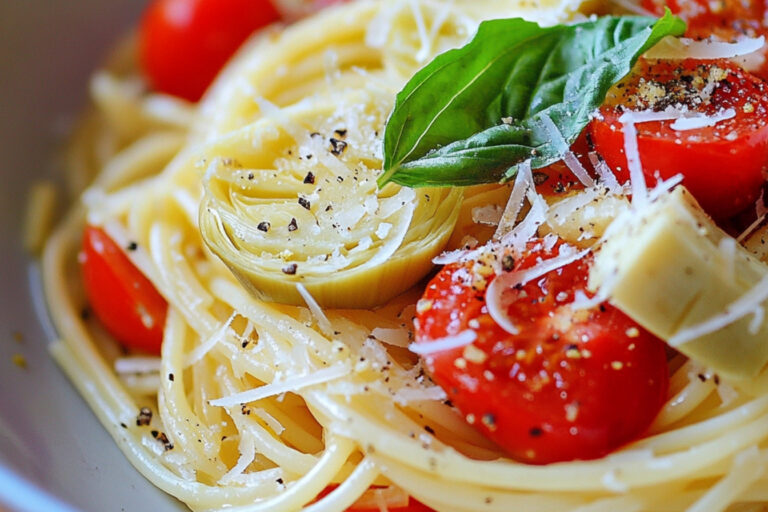 Spaghettis au citron, tomates et artichauts