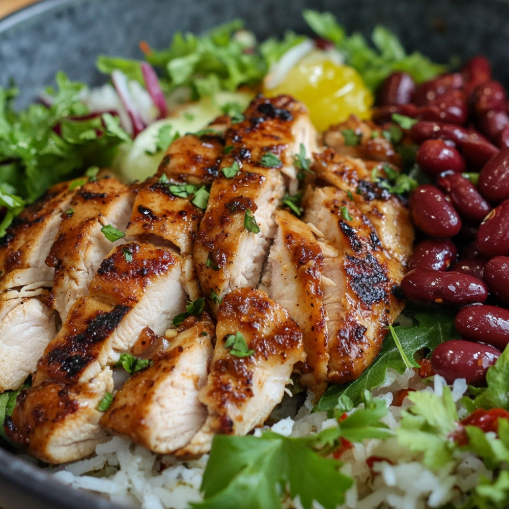 Aiguillettes de poulet marinées et salade de riz aux haricots rouges