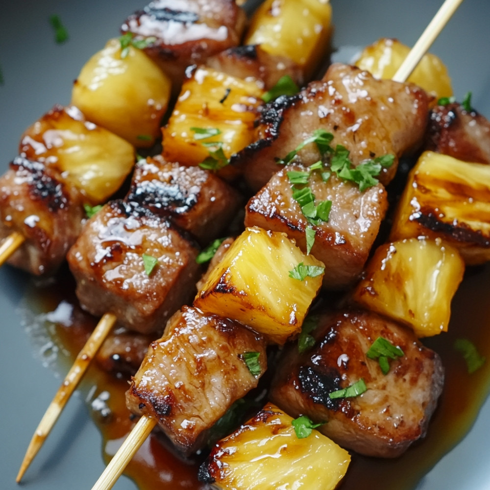 Brochettes de porc et ananas marinées et grillées au barbecue