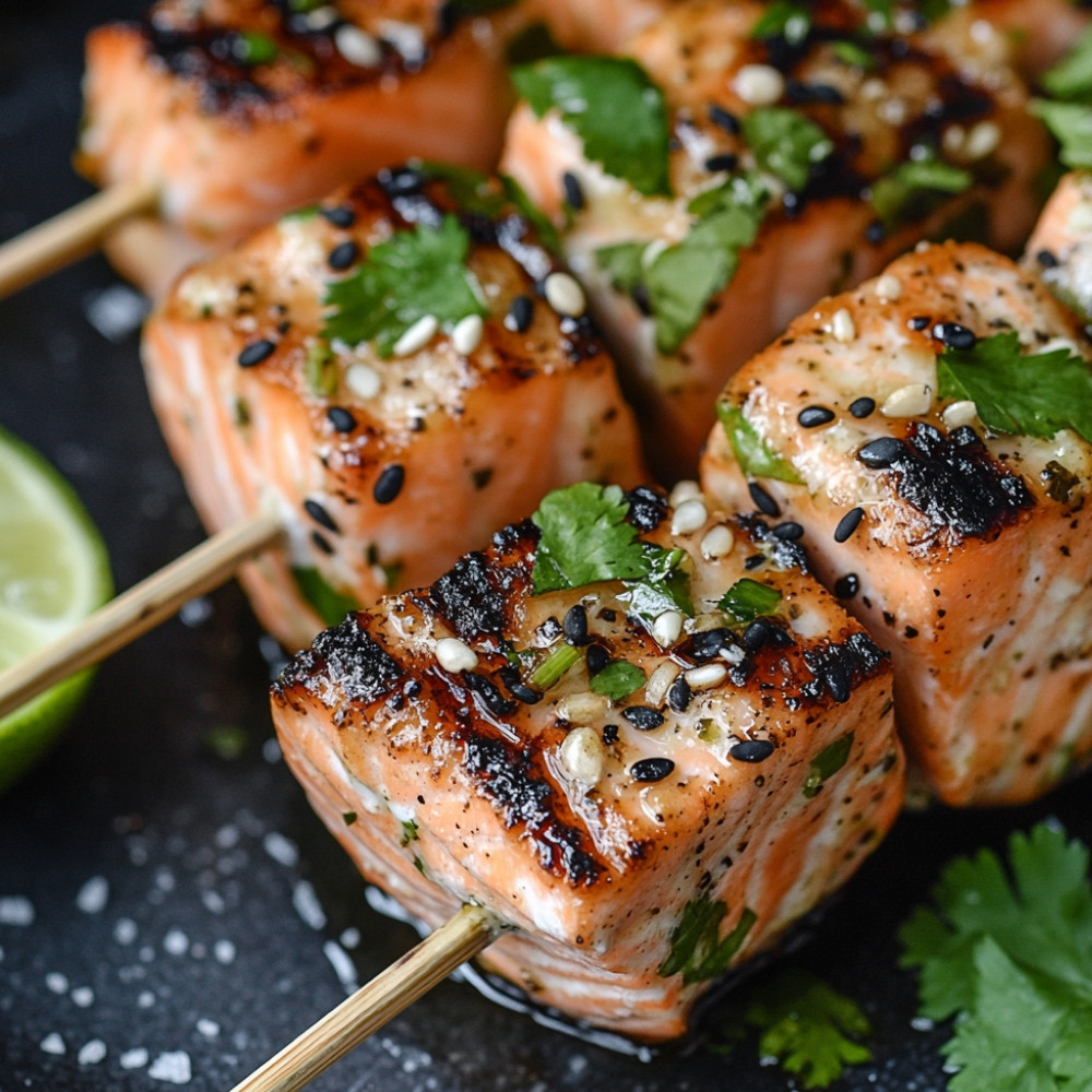 Brochettes de saumon grillé et mariné à la coriandre, citron vert, lait de coco