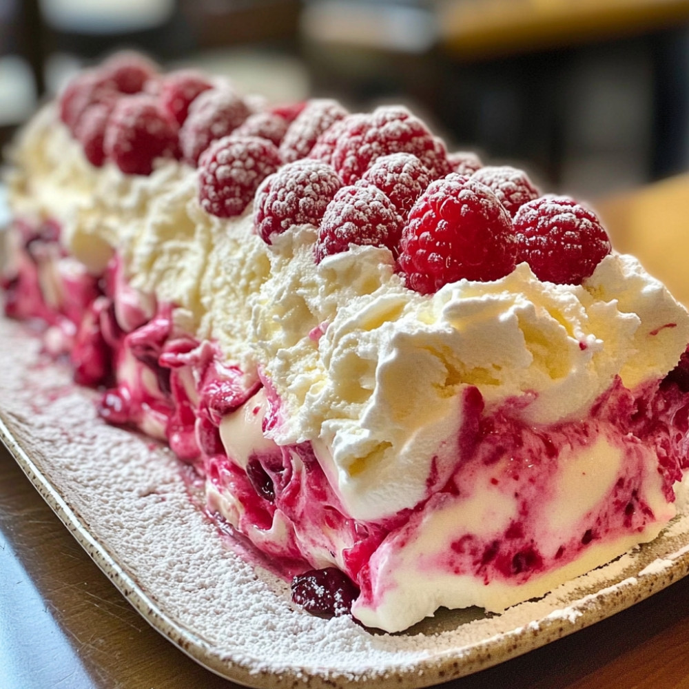 Bûche glacée vanille, meringues et cœur de framboise