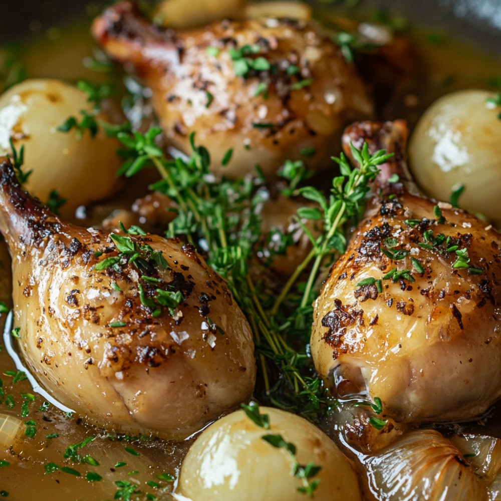 Cailles cuites au four, purée d'oignons et sauce au champagne