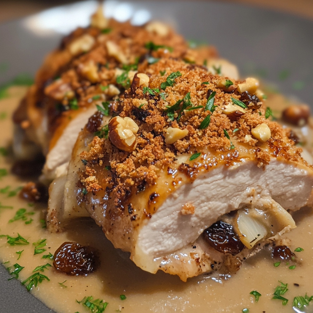 Cordon bleu et chicons farcis aux champignons et raisins, crumble aux noix et jus de viande