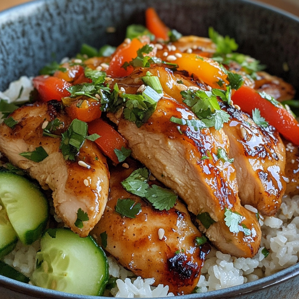 Cuisses de poulet sucrées-salées et salade de riz fraîche