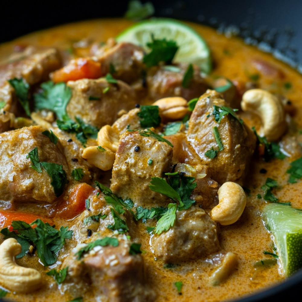 Curry de porc léger au lait de coco et noix de cajou