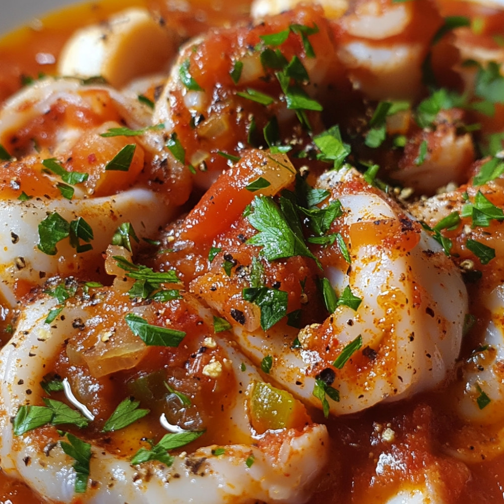 Encornets de poissons et riz à la sauce tomate