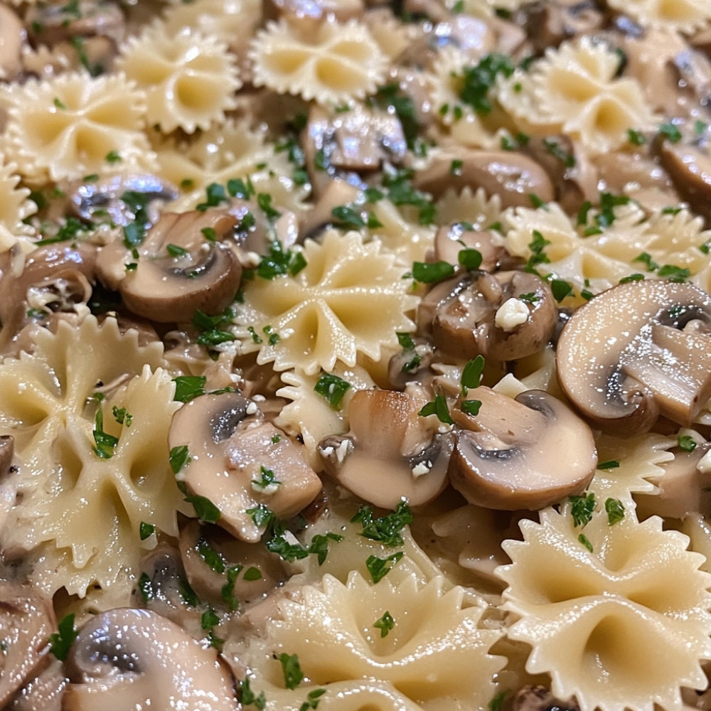 Farfalle aux champignons, crème et vin blanc