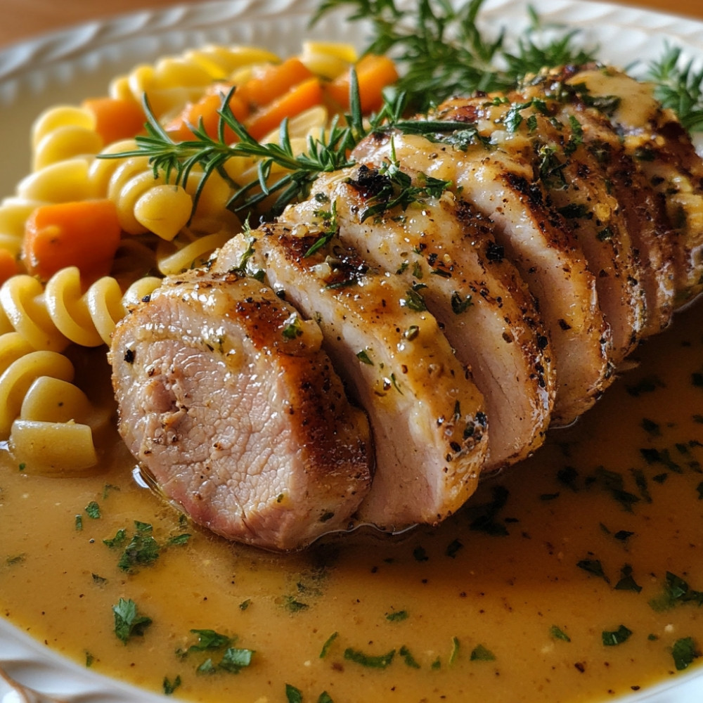 Filet de porc Hasselback aux carottes, pâtes et sauce moutarde