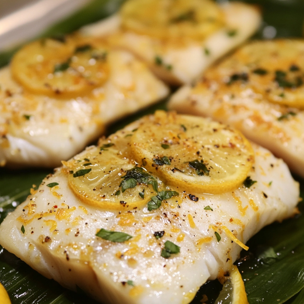 Filets de poisson sur feuilles de citronnier