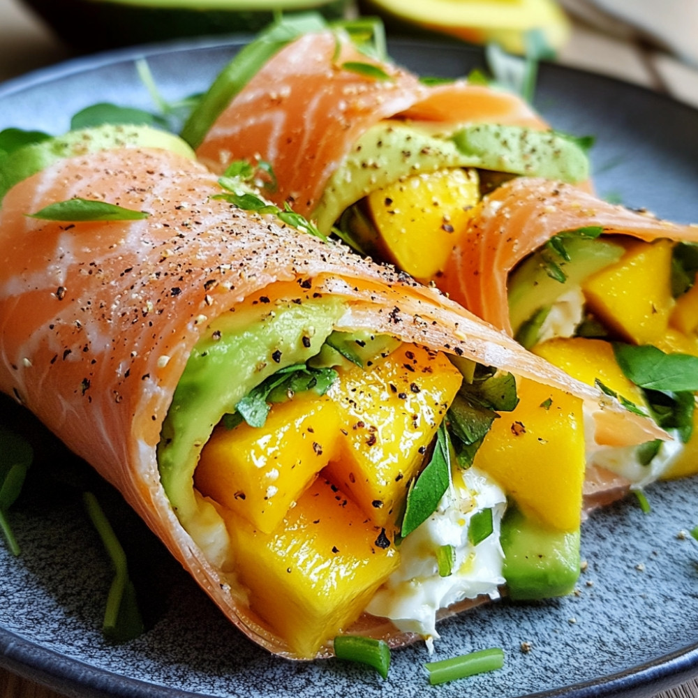 Gâteau de wraps saumon fumé avocat mangue