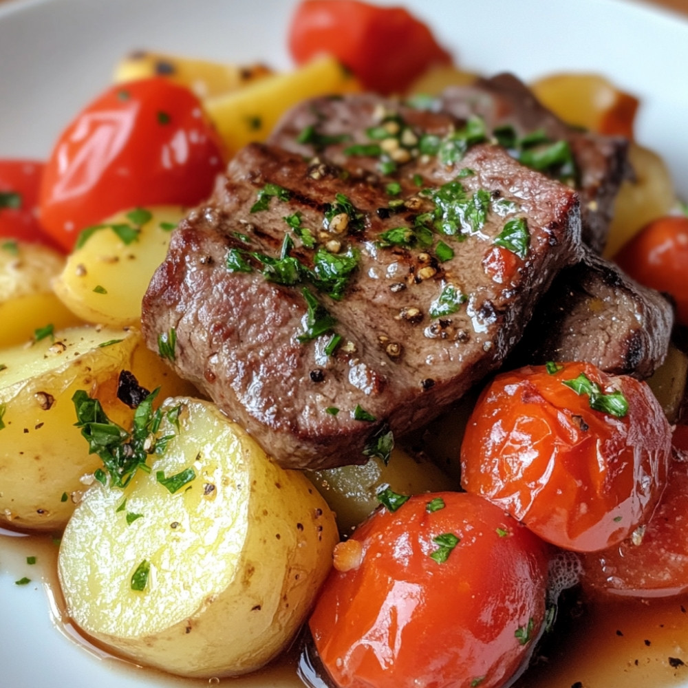 Onglet de boeuf poêlé au beurre, salade de pommes de terre et condiment de tomates