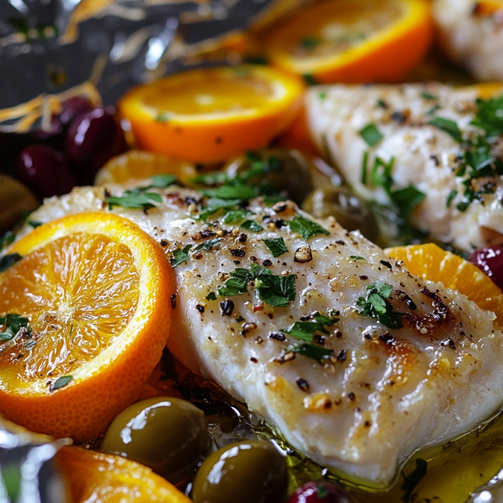 Papillote de poisson, petits légumes, oranges et olives