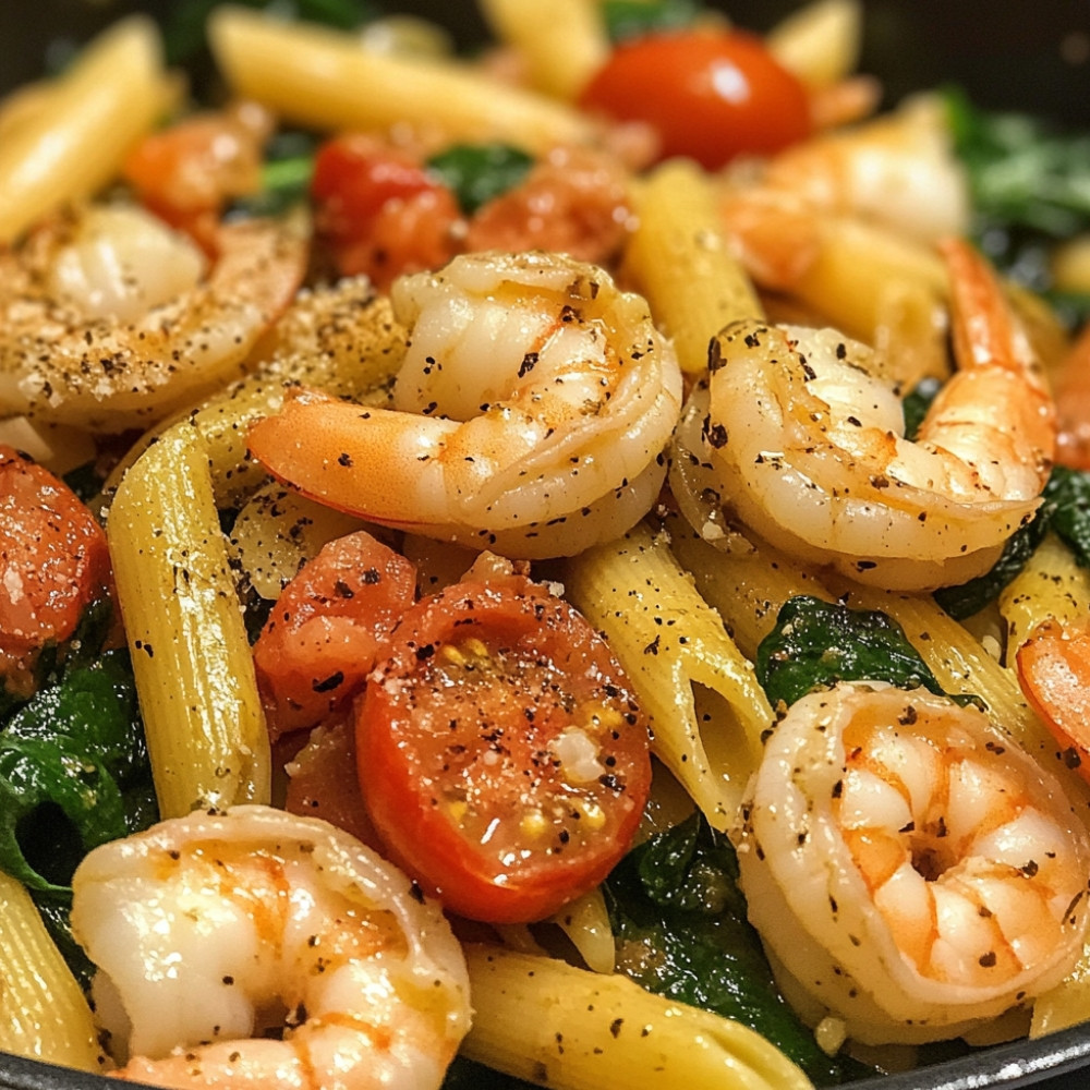 Pennes aux crevettes, tomates et épinards