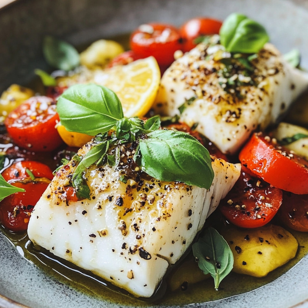 Petit montage de cabillaud, légumes et mozzarella