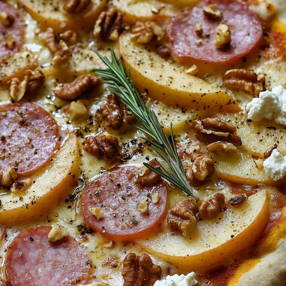 Pizza aux pommes, mortadelle, noix et fromage de chèvre