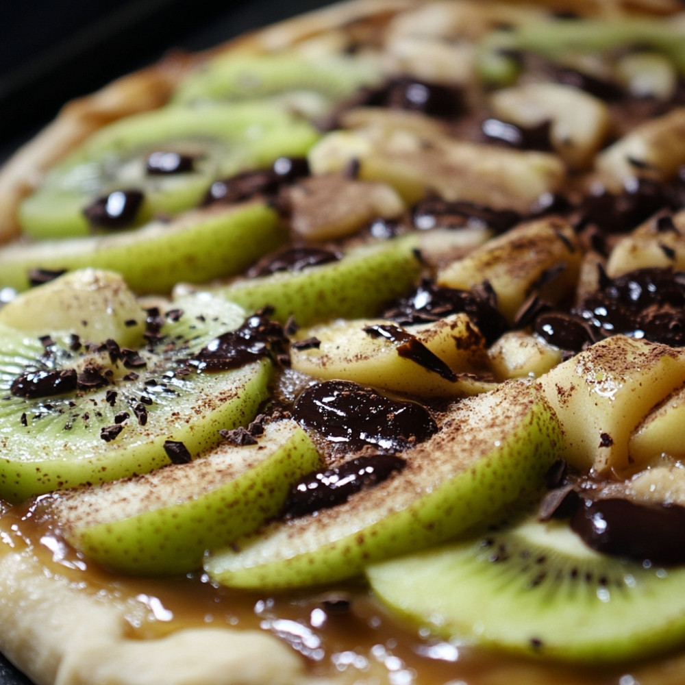 Pizza chocolat, pommes et kiwis