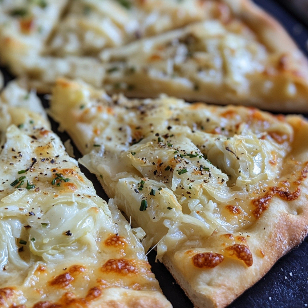 Pizza croustillante aux feuilles de chou, fromage frais et ail