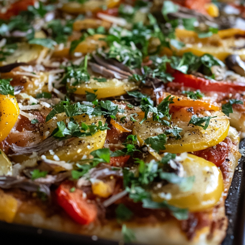 Pizza de pommes de terre avec anchois, poivrons et champignons