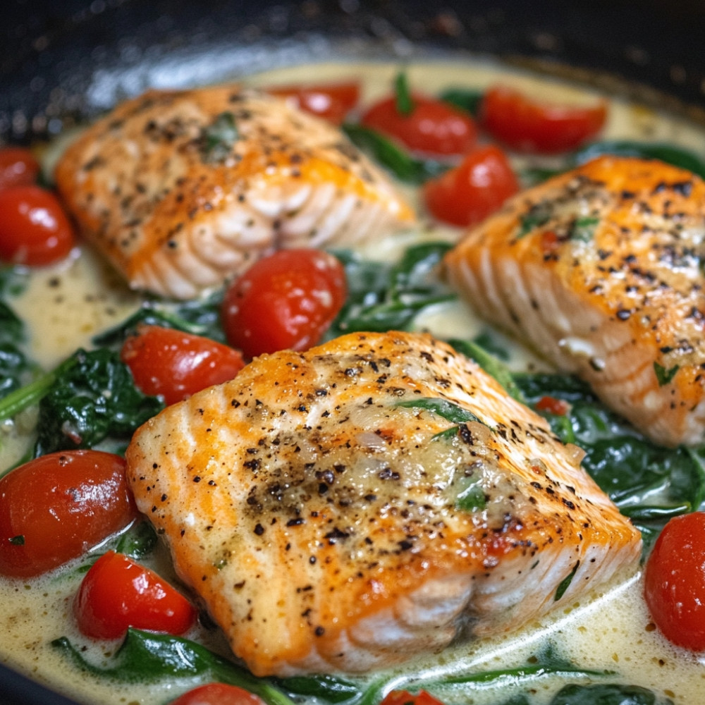 Plat de saumon en crème, tomates et épinards