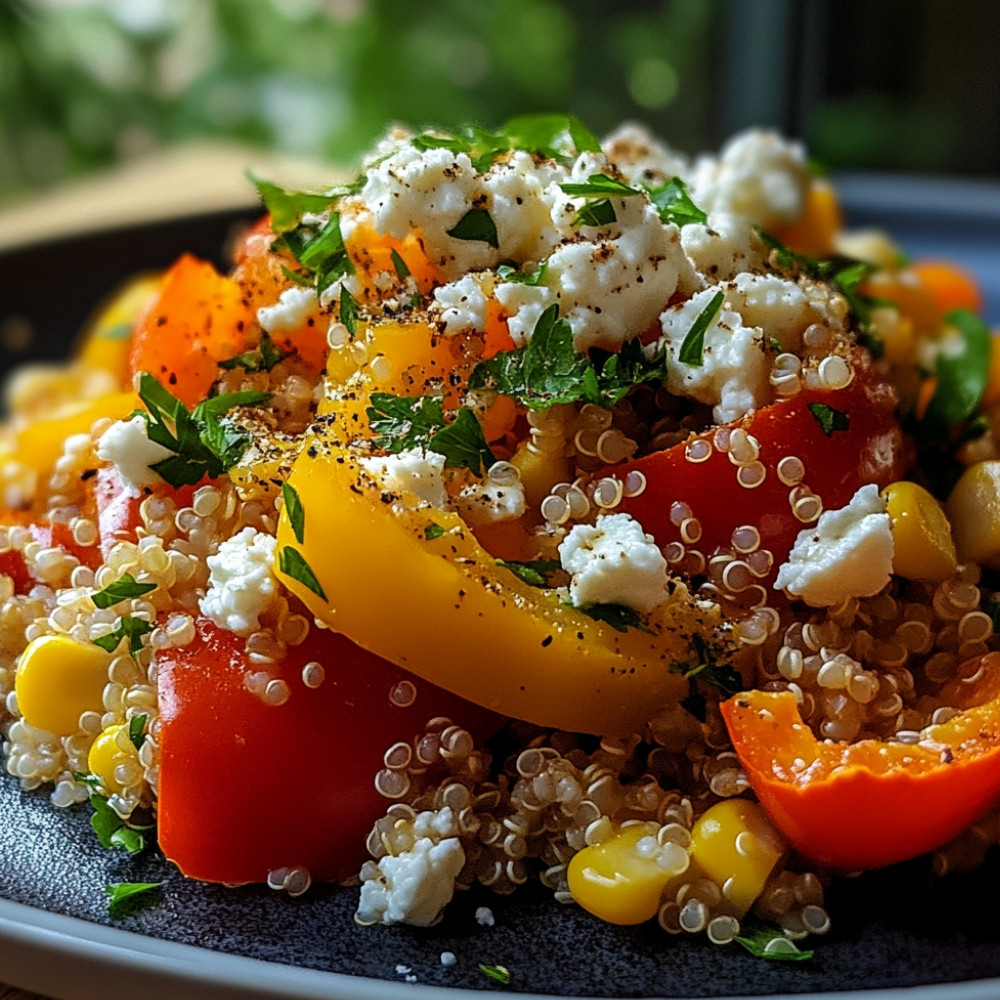 Poivrons farcis au quinoa, tomates, maïs et feta