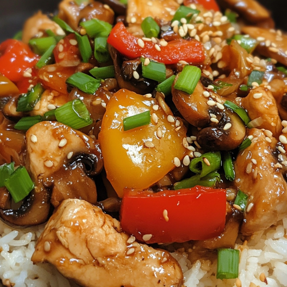 Poulet aux poivrons et champignons à l'asiatique