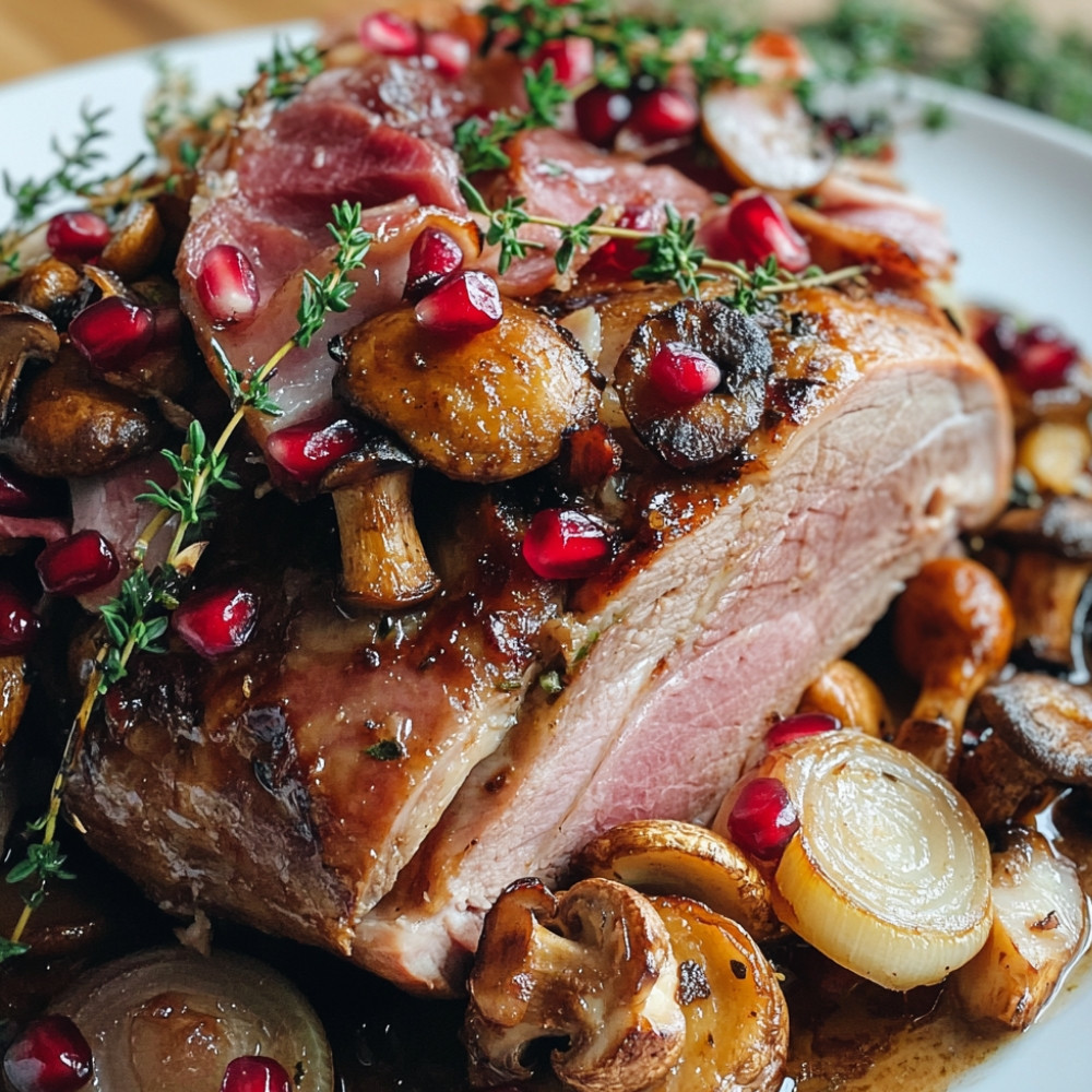 Rôti de dinde aux champignons, jambon cru et grenades