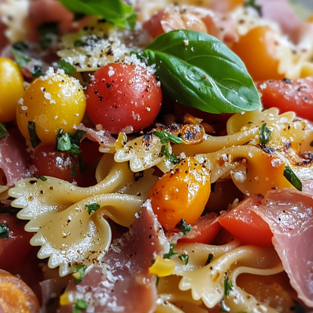 Salade de farfalles au prosciutto, tomates, basilic et légumes grillés