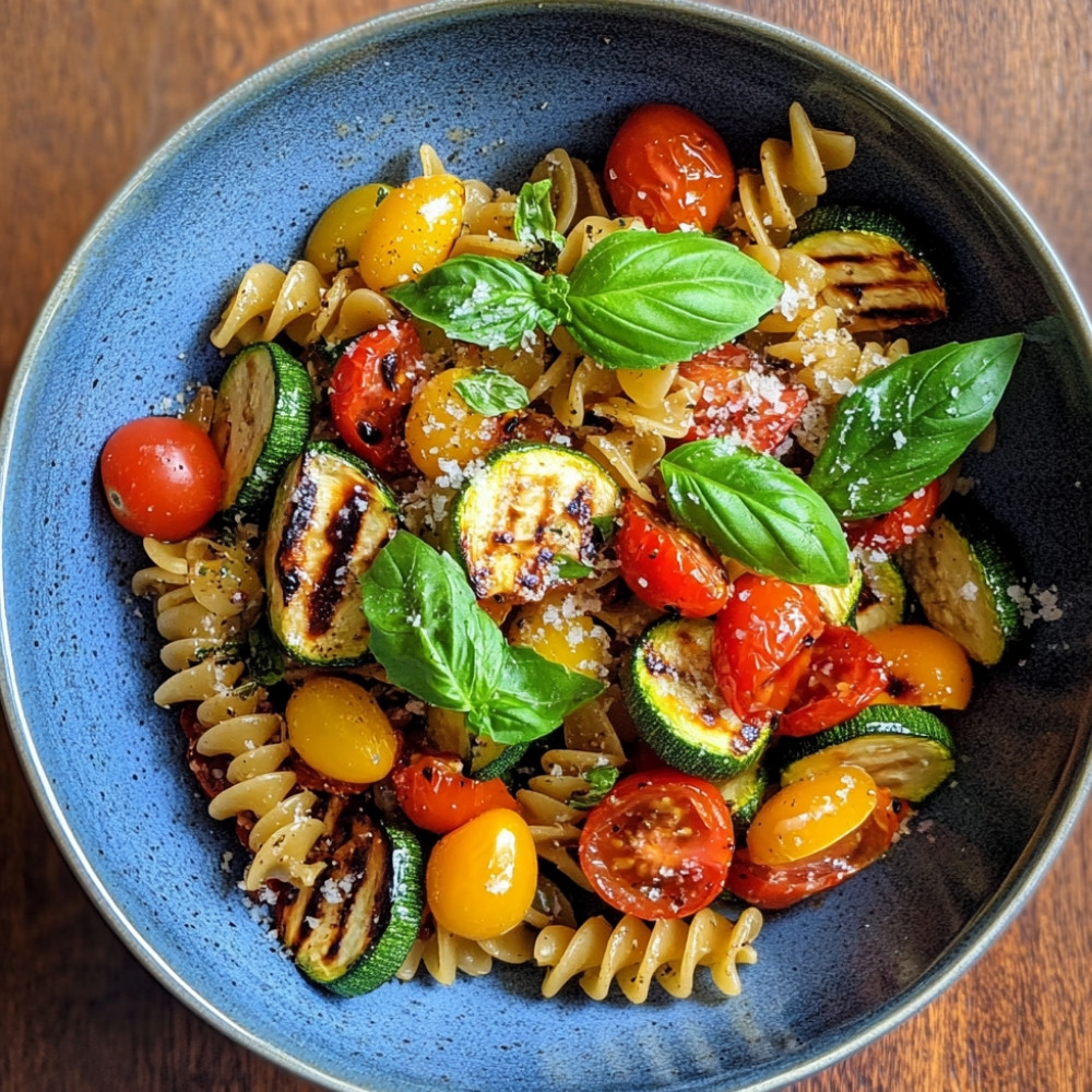 Salade de pâtes estivale aux tomates, courgettes et poivrons grillés