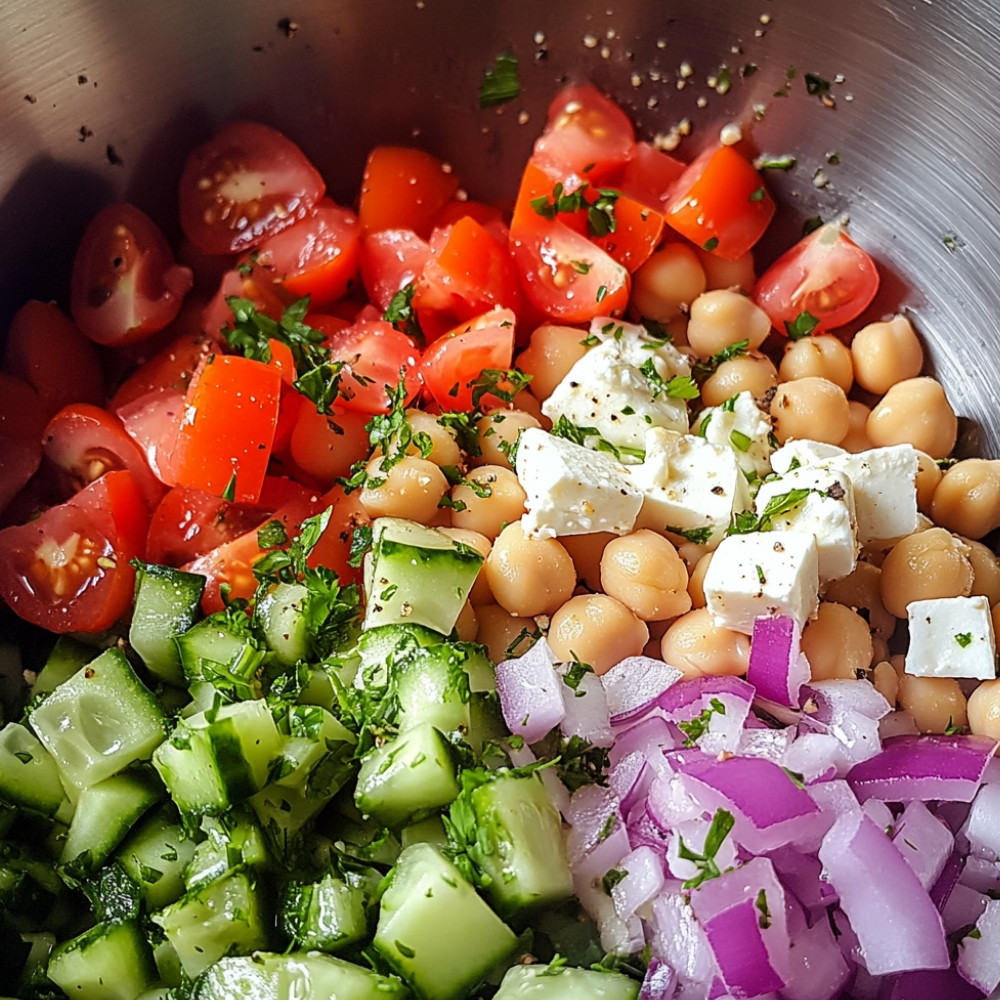 Salade de pois chiches, tomates, concombre et feta