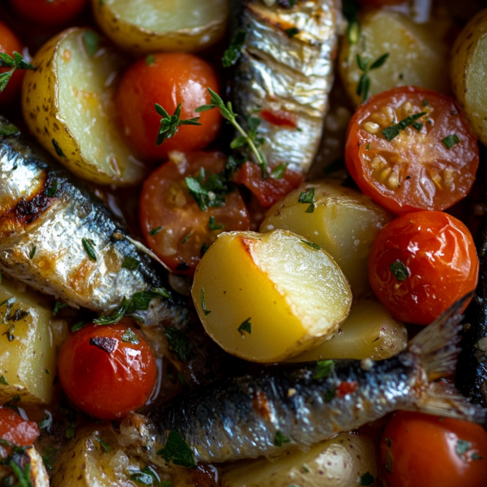 Sardines, pommes de terre et tomates cerises