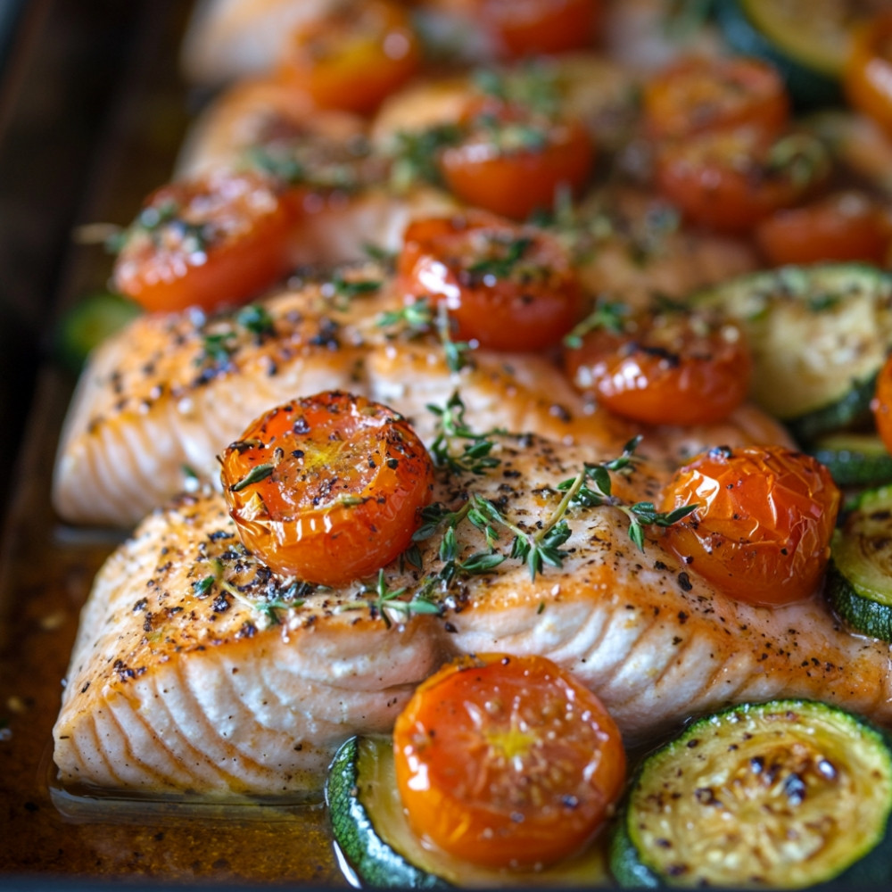 Saumon aux courgettes, carottes et tomates cerises au four