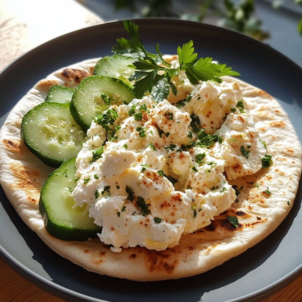 Souvlaki et pains pita concombre et feta fouettée