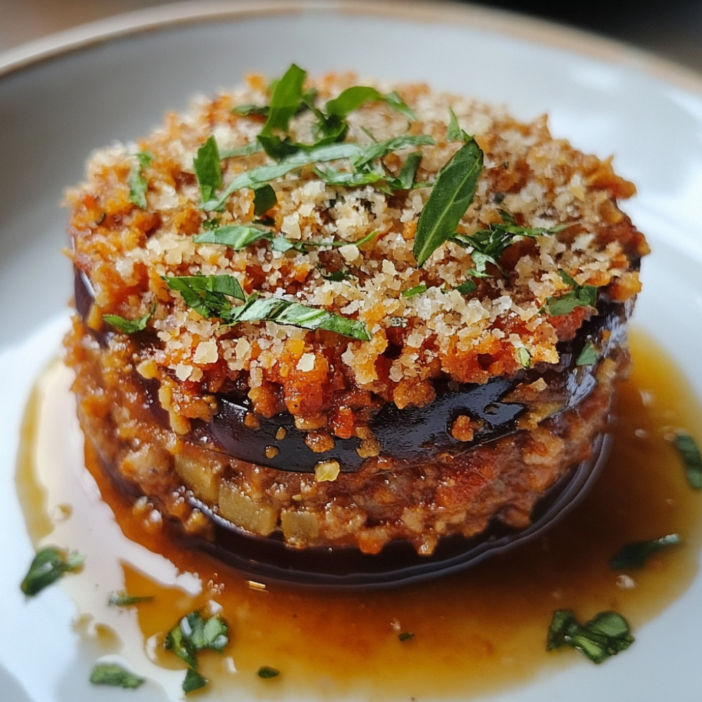 Timbale d'aubergines à la viande hachée et sauce tomate