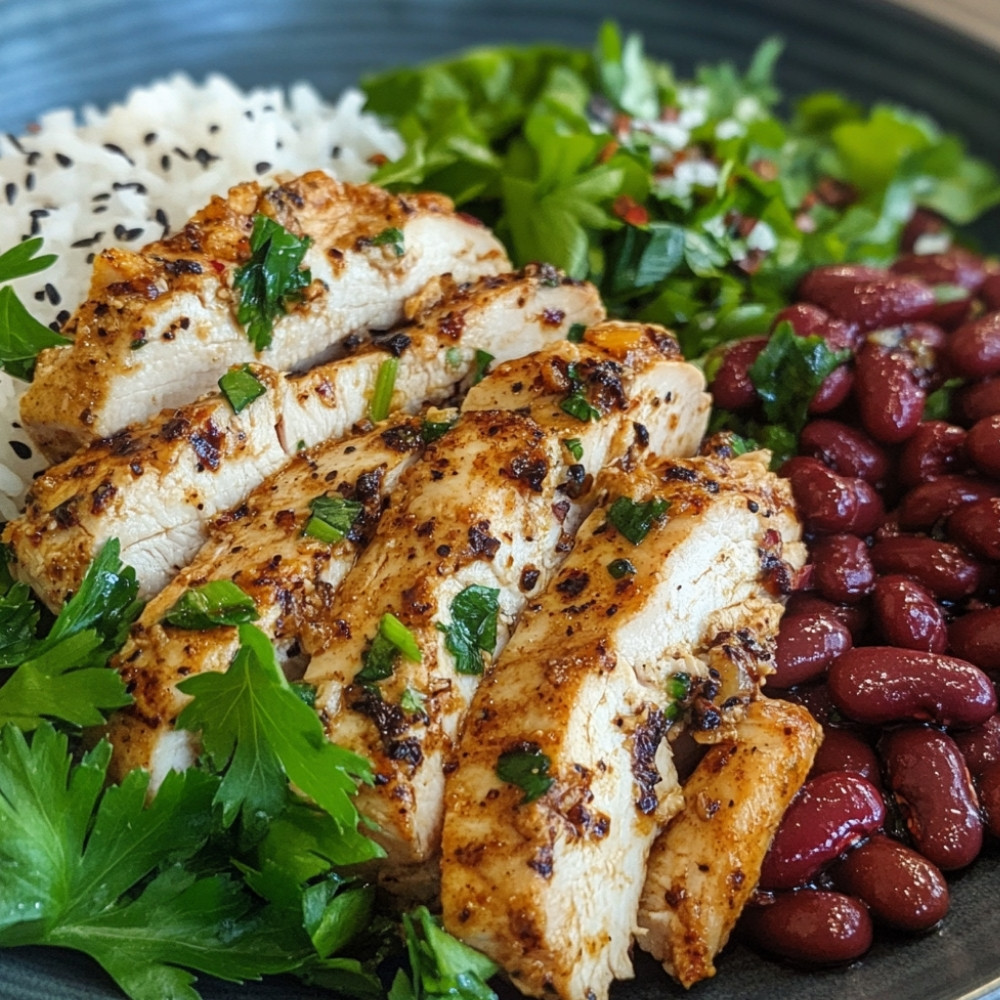 Aiguillettes de poulet marinées et salade de riz aux haricots rouges