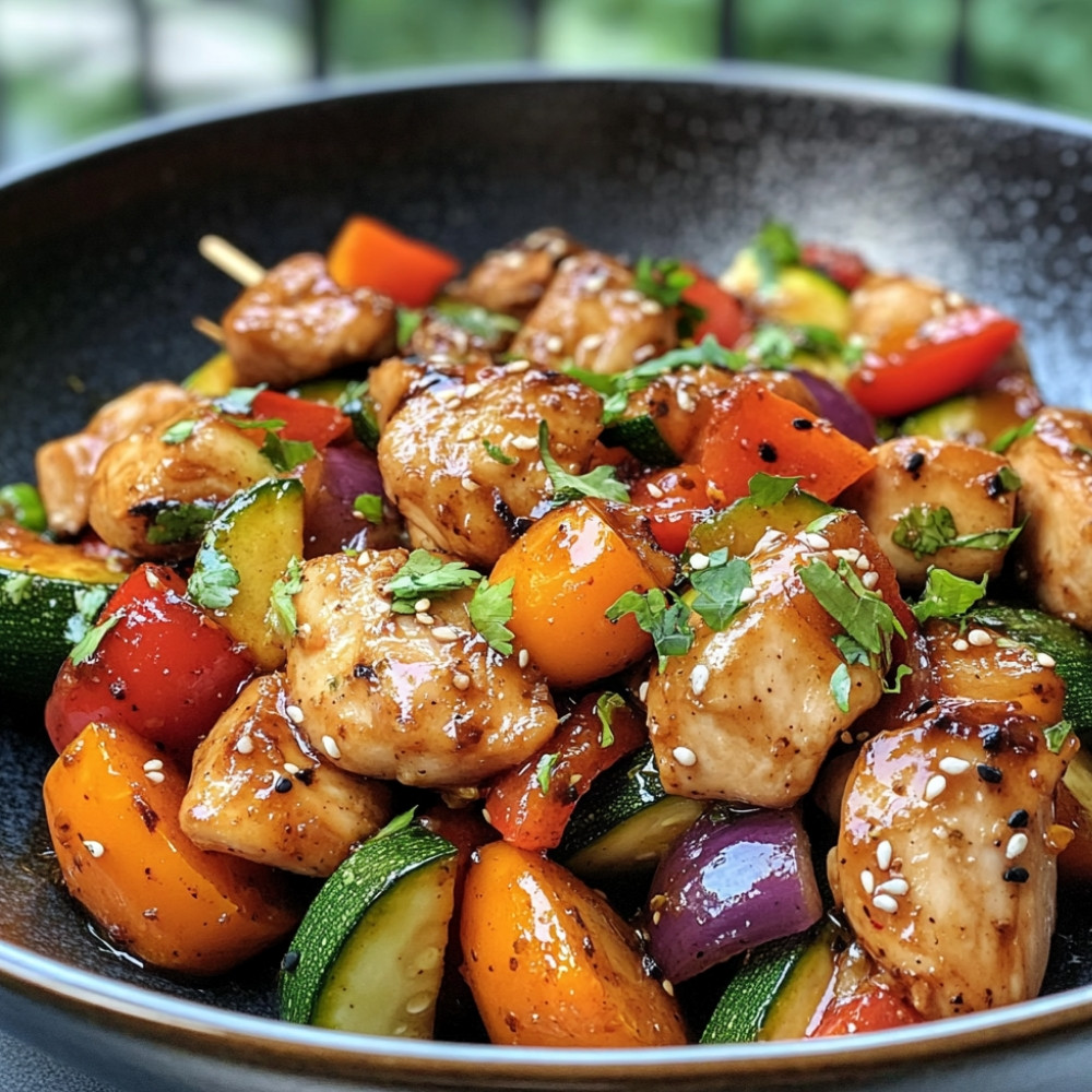 Brochettes de poulet mariné et légumes grillés