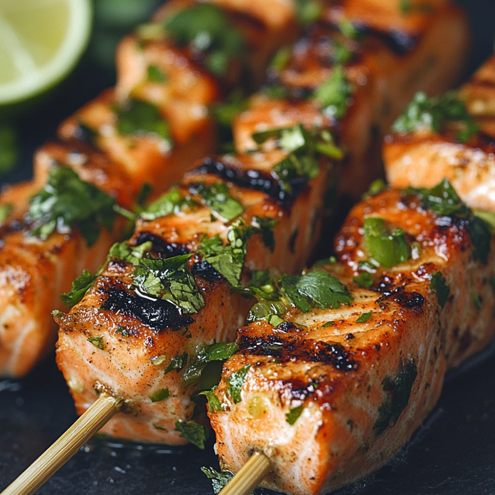 Brochettes de saumon grillé et mariné à la coriandre, citron vert, lait de coco