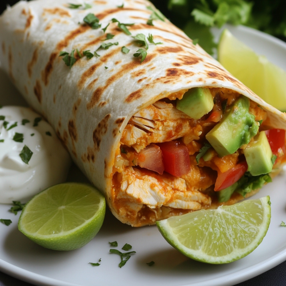 Burrito au poulet, avocat et cheddar