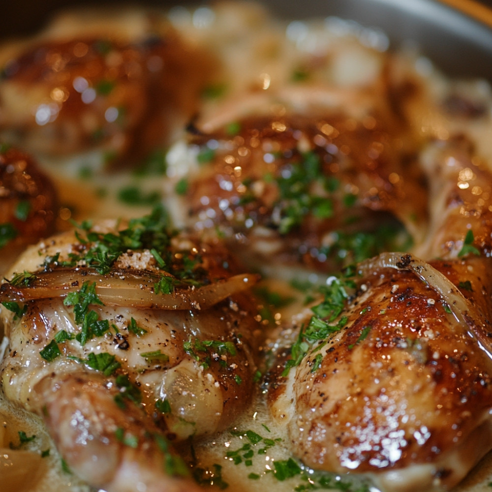 Cailles cuites au four, purée d'oignons et sauce au champagne