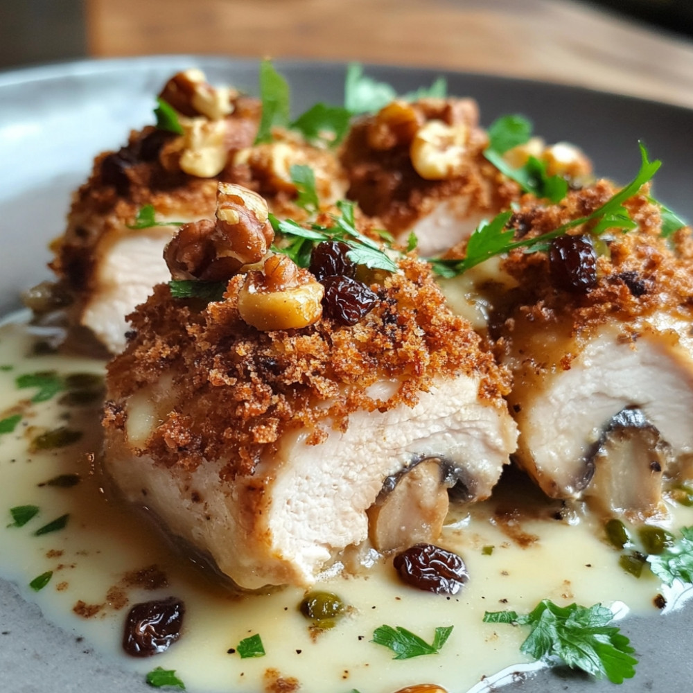 Cordon bleu et chicons farcis aux champignons et raisins, crumble aux noix et jus de viande