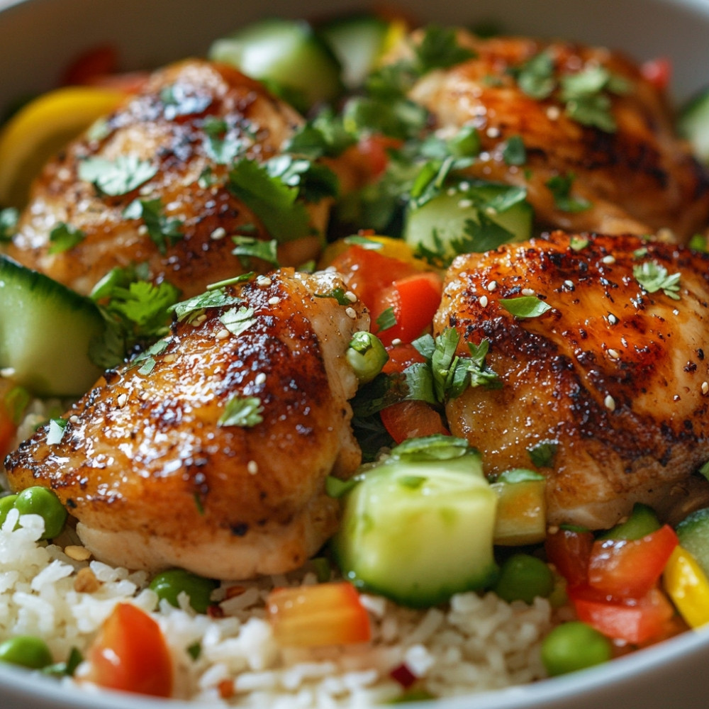 Cuisses de poulet sucrées-salées et salade de riz fraîche