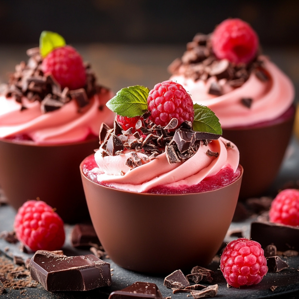 Cups en chocolat et mousse de framboises