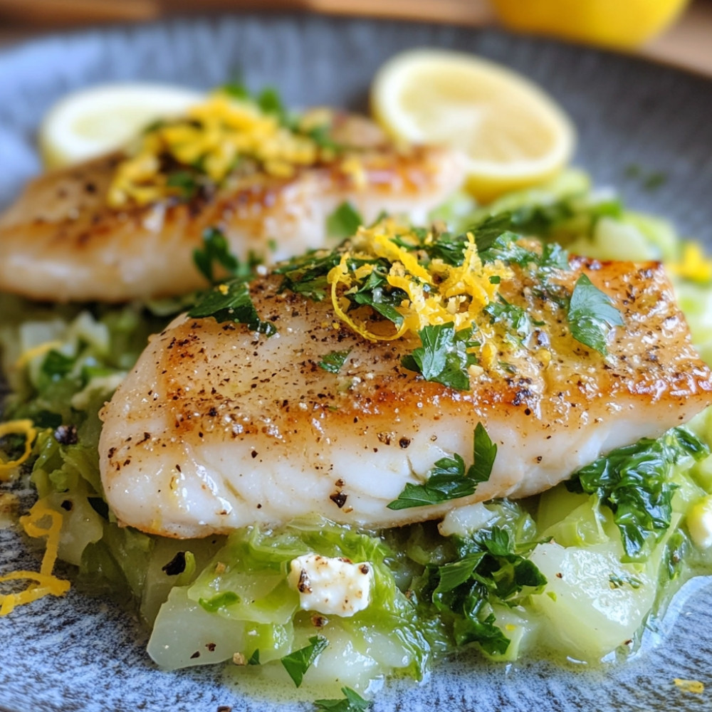 Dos de lieu croustillant, purée de chou vert, ricotta et sauce au citron