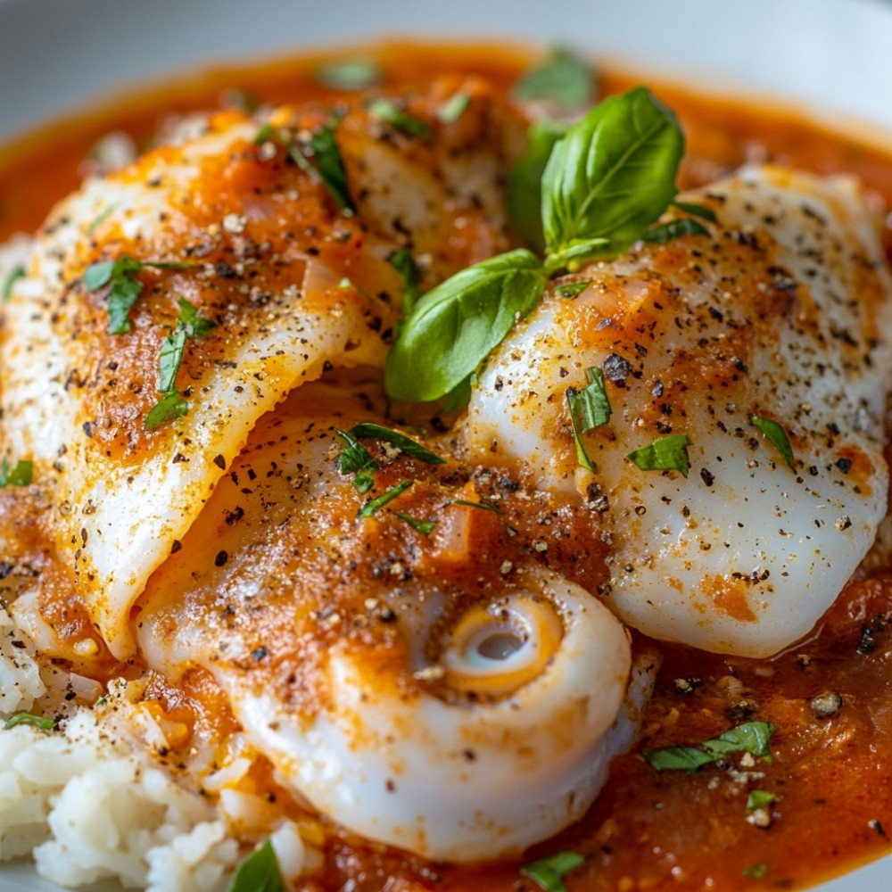 Encornets de poissons et riz à la sauce tomate