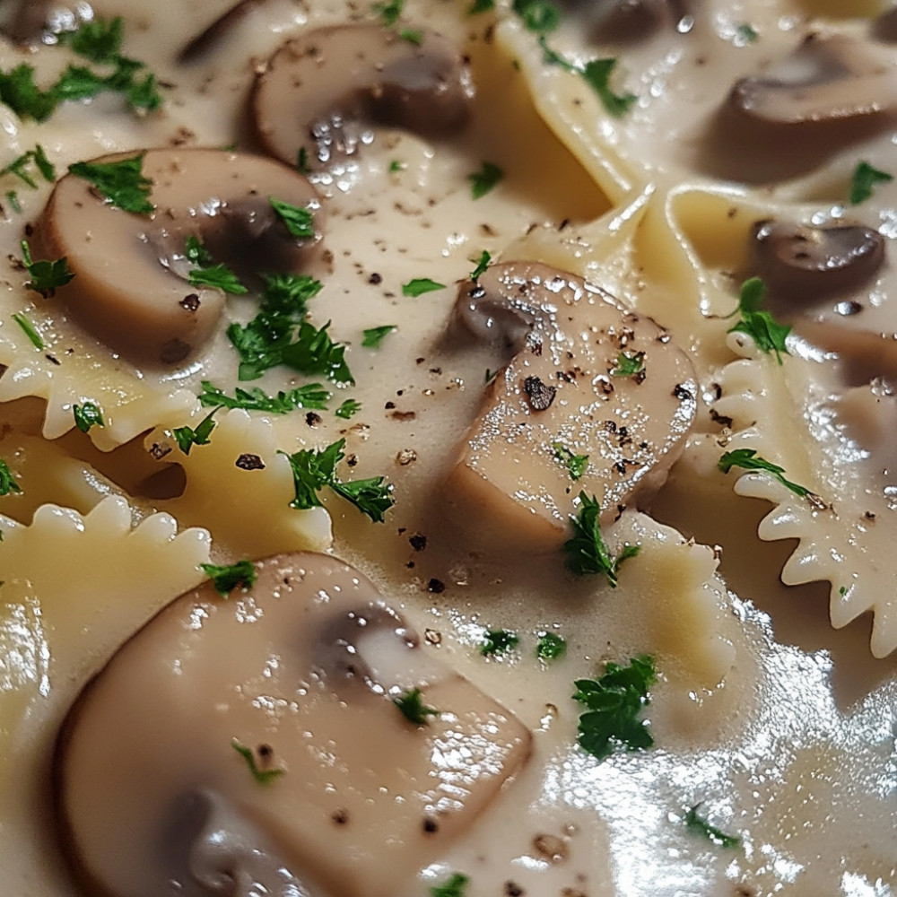 Farfalle aux champignons, crème et vin blanc