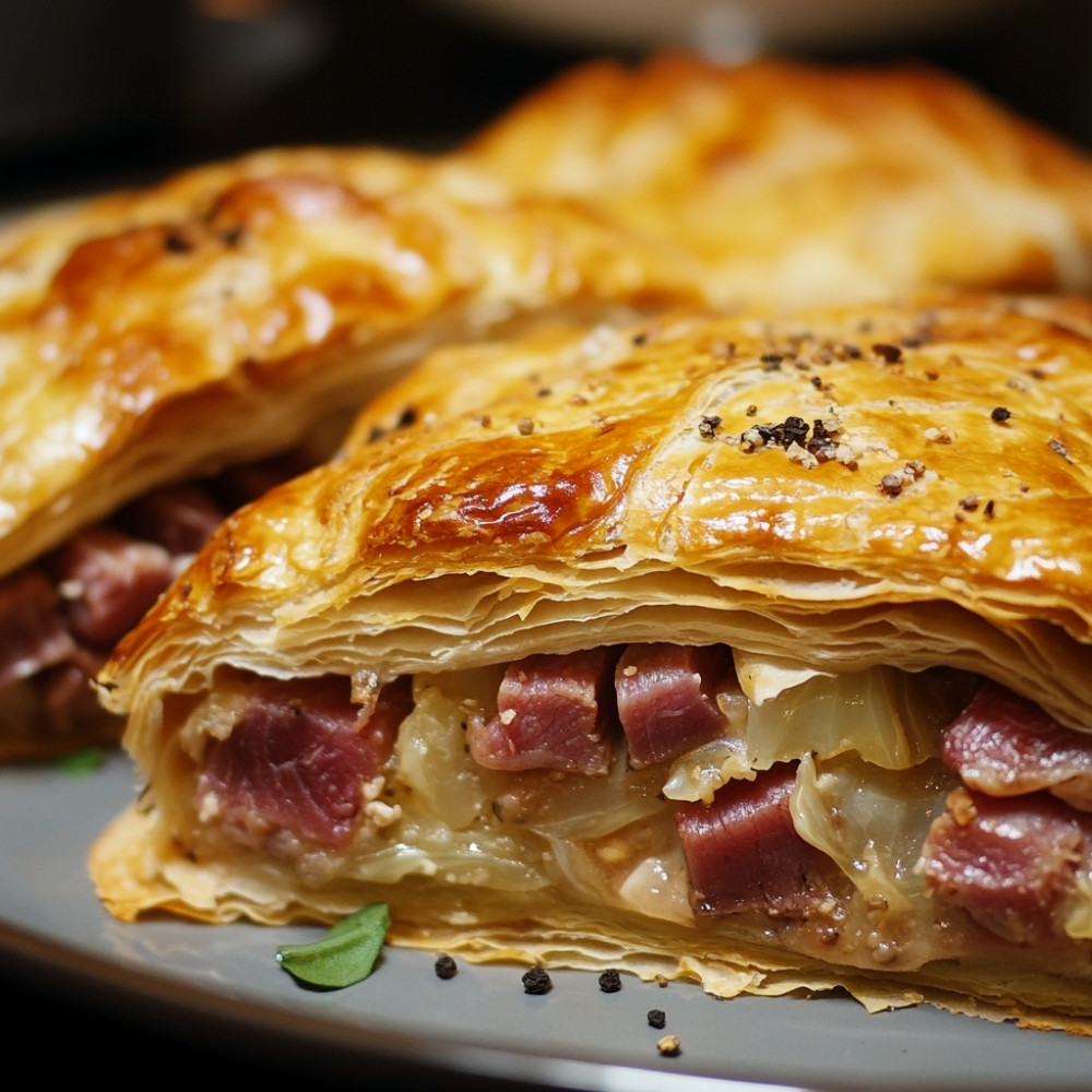 Feuilleté de bœuf, chou et lardons de porc salé