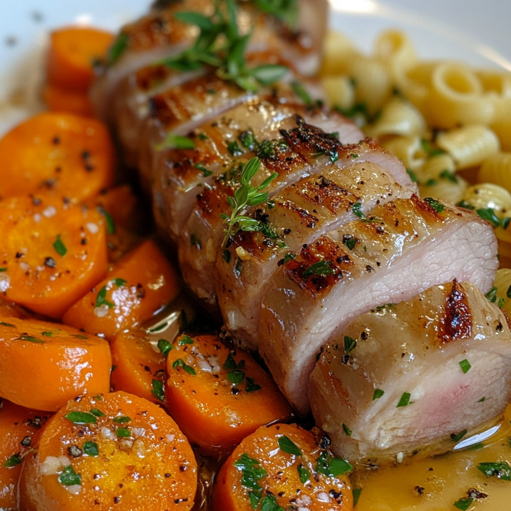 Filet de porc Hasselback aux carottes, pâtes et sauce moutarde