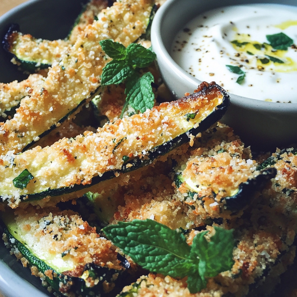 Frites de courgettes panées au parmesan sauce yaourt menthe ail