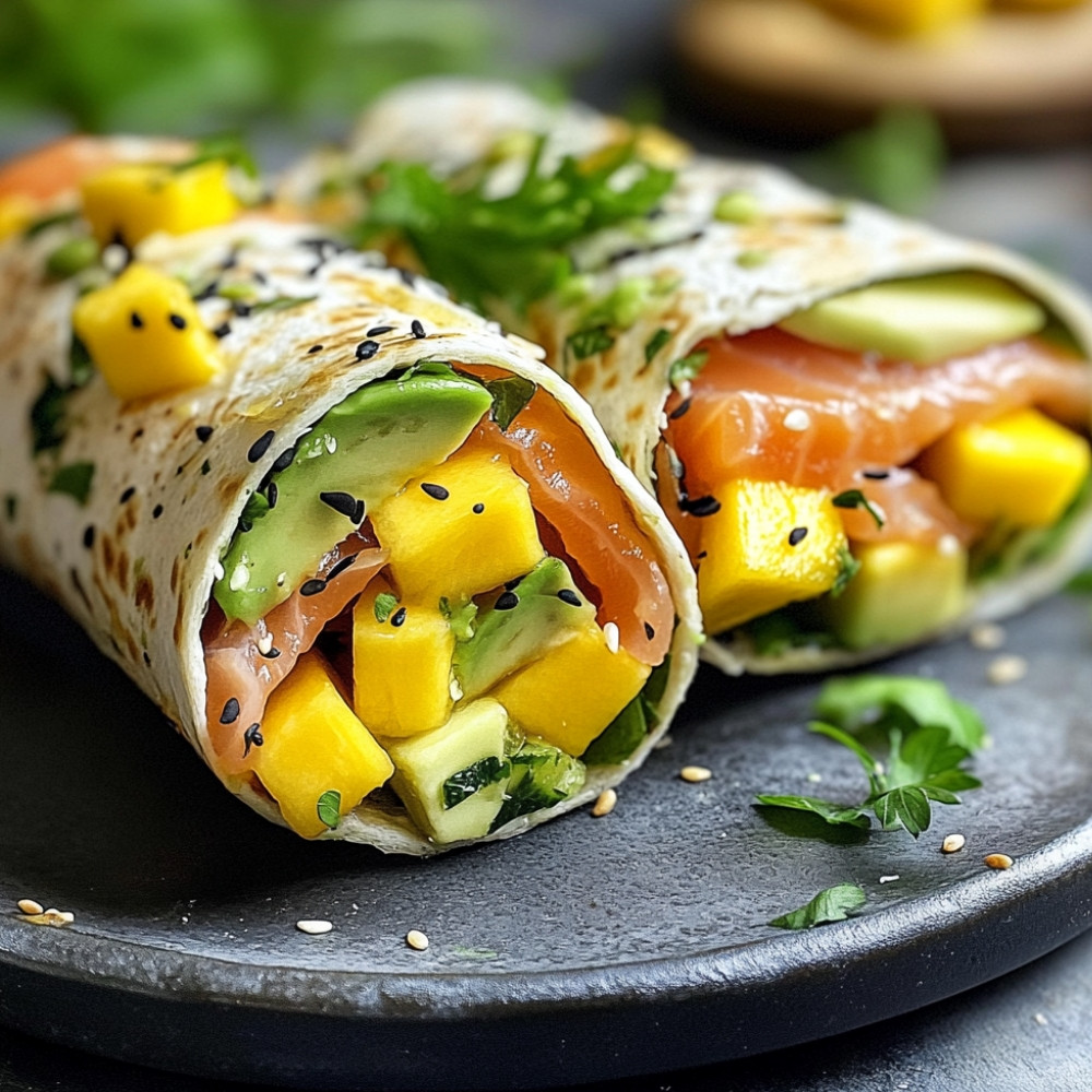 Gâteau de wraps saumon fumé avocat mangue