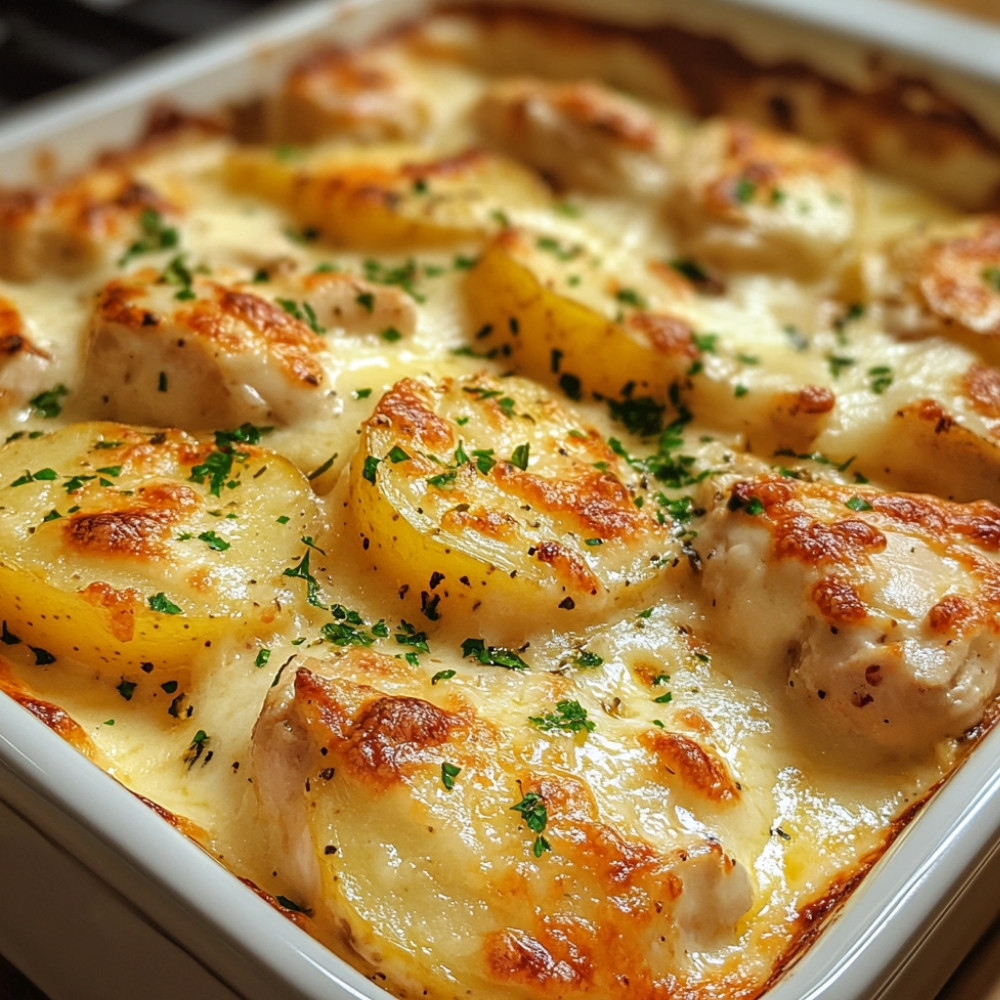 Gratin de poulet et pommes de terre à la sauce rosée