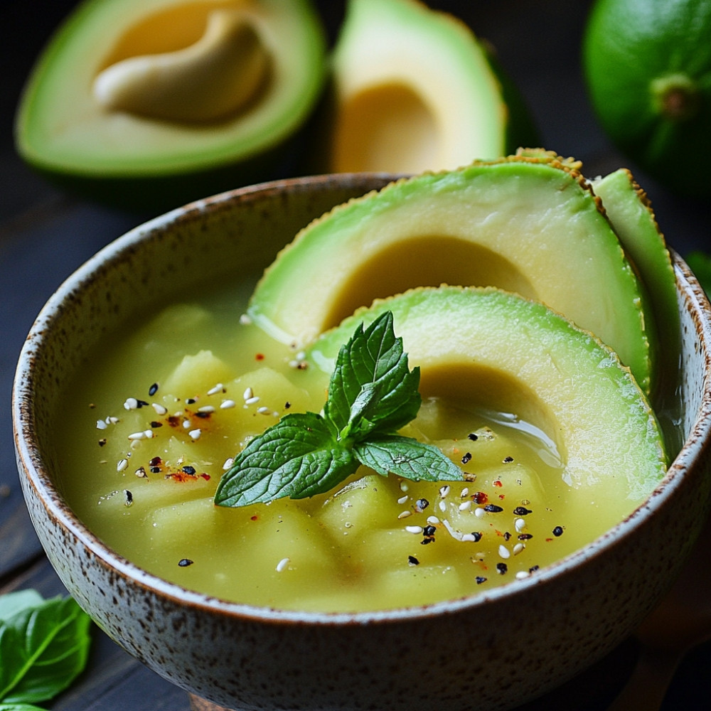 La soupe d'avocat aux billes de melon